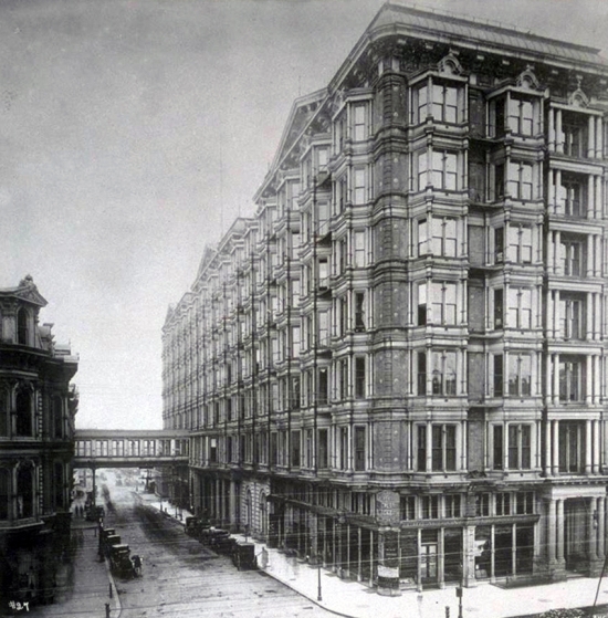 Palace Hotel in San Francisco with the "Bridge of Sighs" connecting to the Grand Hotel, 1898